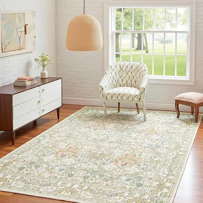Vintage Washable Sage Green Area Rugs for Bedroom Under Bed, Living Room, Nursery, Kitchen, Entryway, Low Pile Non Slip Stain Resistance Distressed Retro Indoor (Beige Green, 4 x 6)