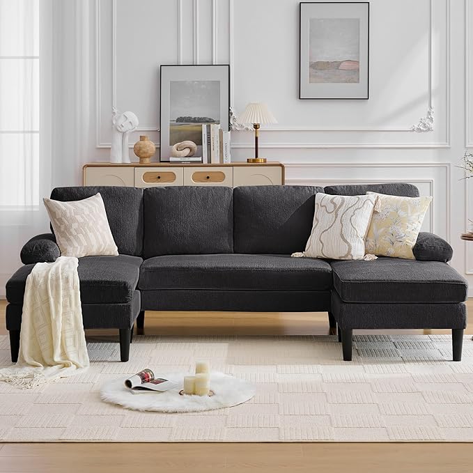 Korser 101" Sectional Couches for Living Room, U Shaped Sofa with Double Chaise Lounge, Modern Chenille Fabric 4-Seat Couch for Apartment/Small Space, Grey