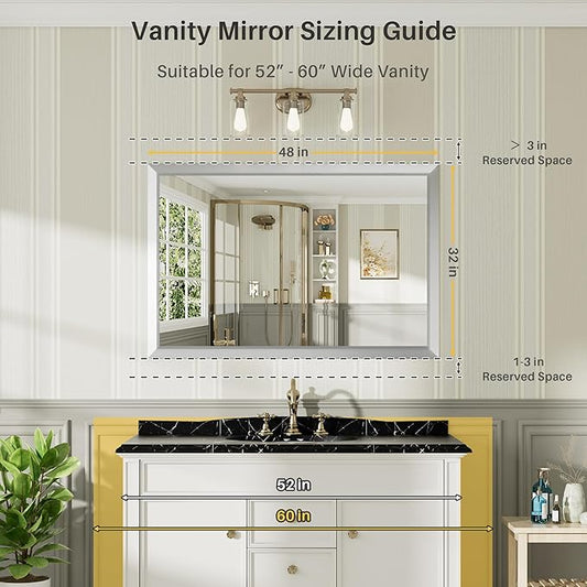 48x32 Inch Brushed Silver Bathroom Mirror for Wall, Thick Metal Framed Rectangle Mirrors for Over Sink, Bedroom, Living Room, Entryway, Anti-Rust, HD Tempered Glass