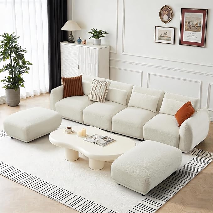 U Shaped Cloud Sectional, Convertible L Shaped Couch with Removable Ottomans,Modular Cloud Couch Sectional for Living Room(4 Set + 2 Ottomans - White)