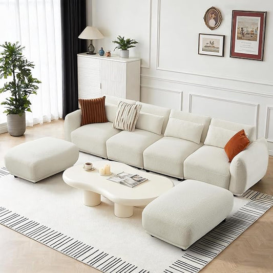 U Shaped Cloud Sectional, Convertible L Shaped Couch with Removable Ottomans,Modular Cloud Couch Sectional for Living Room(4 Set + 2 Ottomans - White)