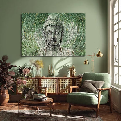 ZENPEE Large Green Buddha Wall Art 32x48 Inch, Zen Canvas Wall Art for Living Room Bedroom, Spiritual Meditation Wall Decor, Buddha Print for Home