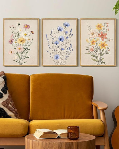 Drsoum Vintage Flower Bouquet Wall Art Framed Retro Bohemian Boho Colorful Floral Plant Rustic Artwork Nature Botanical Wildflower Prints Bedroom Living Room Ready to Hang 12x16in Natural Framed