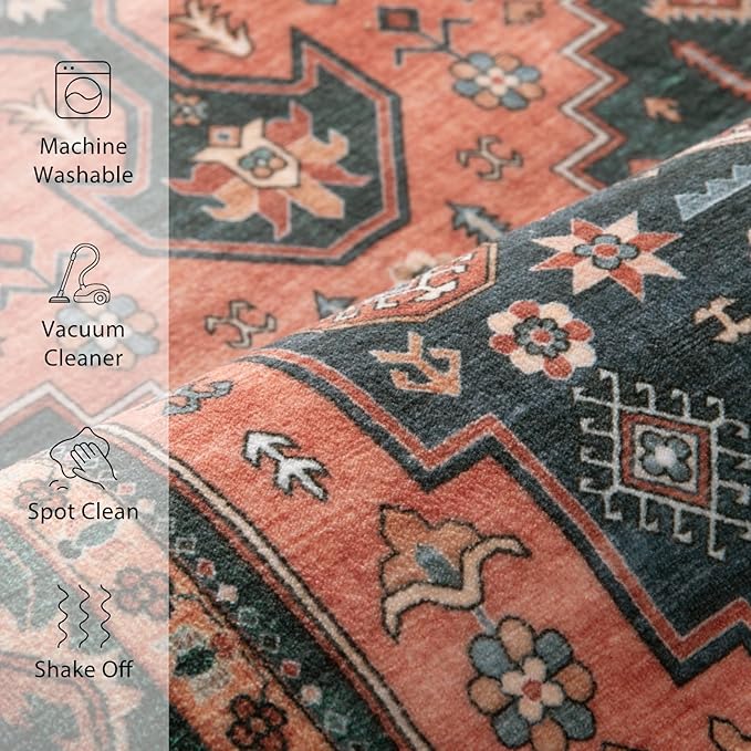 Tangsoo 2.6x10 Runner Rug for Hallways,Washable Non Slip Vintage Kitchen Runner Rug,Boho Red Blue Soft Print Distressed Low Pile Long Floor Carpet for Bedroom Bathroom Laundry Room
