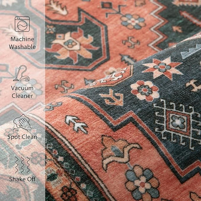 Tangsoo Vintage 4x6 Rug for Living Room,Washable Indoor Area Rug Red Blue Non-Slip Rubber Backing Soft Low Pile Carpet for Front Porch Dining Room Patio Bedroom