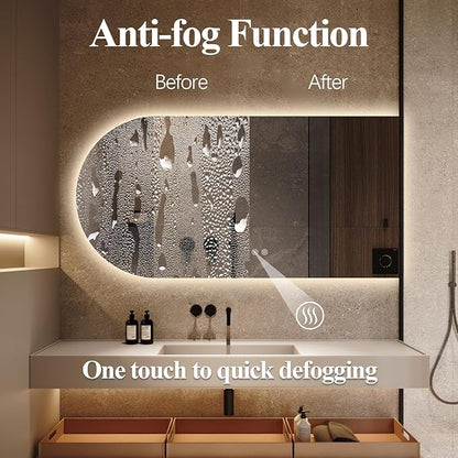 Arched LED Bathroom Mirror, 55"x28" Arch Framless Backlit Mirror with Lights Anti-Fog Dimmable Smart Frameless 3-Color Lighted Vanity Mirror Memory Waterproof, UL Listed, Horizontal-Right