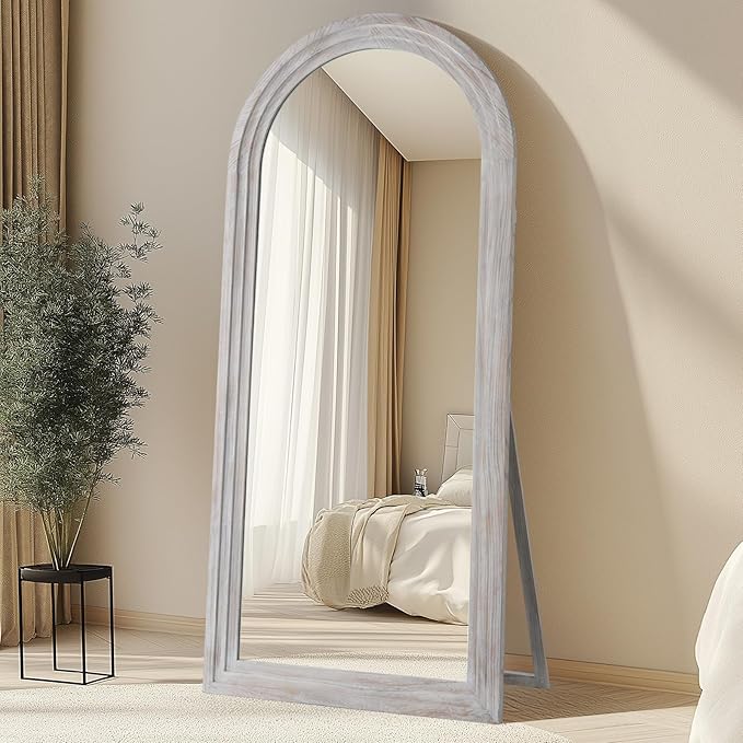 MELOMOIR Arched Full Length Mirror with Solid Wood Frame, 71"x32" Rustic Farmhouse Large Floor Mirror with Stand, Free Standing Leaning Hanging, for Bedroom Living Room Dressing Room, Distressed White