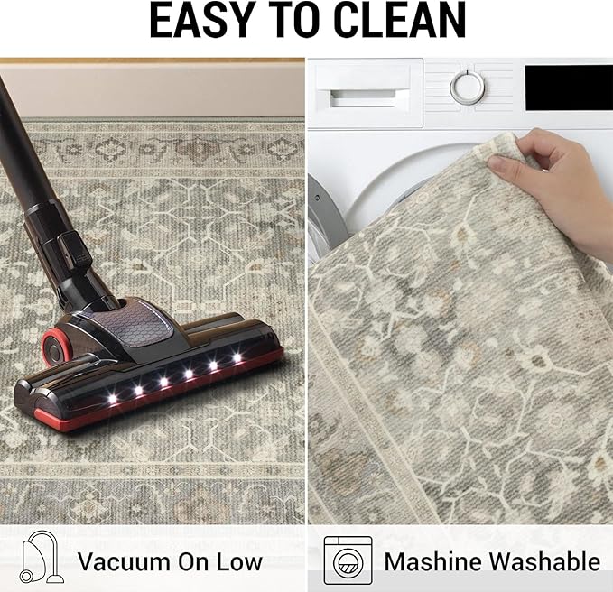 KUTA Vintage Washable Runner Rug, 2x6 Beige Runners for Hallways Non-Slip Kitchen Rugs Ultra Thin Soft Printed Oriental Floral Floor Carpet for Laundry Bedroom Living Room Nursery