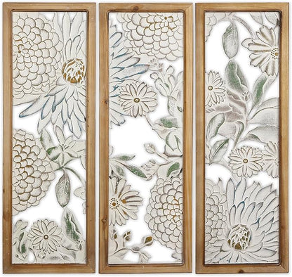 XIAOAIKA Boho Carved Wall Art Decor, 35.5 Inch Hand-Carved Panels, Antique Distressed White Wall Sculpture, Decorative Hanging Wall Décor, Elegant Vintage Wall Art Plaque (3 Panels)
