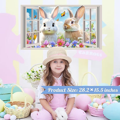 Easter Decoration Stickers for Wall Cute Bunny Vinyl Decals Peel and Stick 3D Fake Window Spring Wall Sticker Natural Landscape Walls Decal Flowers Rabbit Art Murals for Living Room Nusery Decor