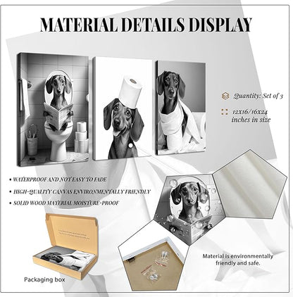 Funny Dachshund Dog Wall Art Set of 3, Dachshund Bathroom Wall Decor Paintings, Black and White Dog Pictures Animal Canvas Posters Prints for Bathroom Restroom Home Decor Framed 16x24 Inch