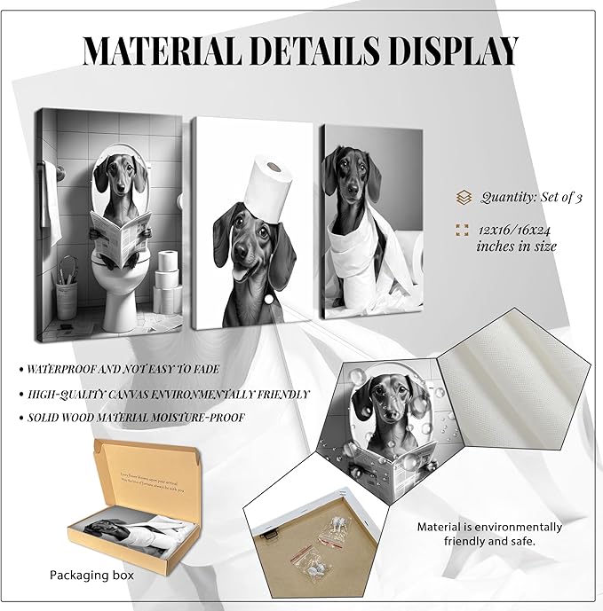 Funny Dachshund Dog Wall Art Set of 3, Dachshund Bathroom Wall Decor Paintings, Black and White Dog Pictures Animal Canvas Posters Prints for Bathroom Restroom Home Decor Framed 12x16 Inch