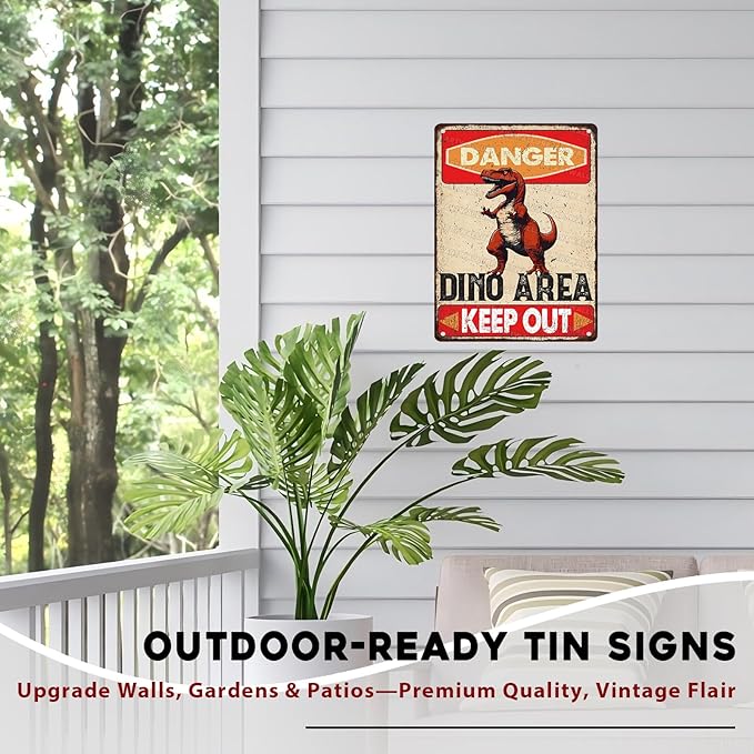 Dinosaur Vintage Tin Sign Danger Dinosaur Area Keep Out Funny Sign for Boys Room 12x16inch