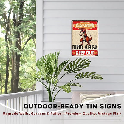 Dinosaur Vintage Tin Sign Danger Dinosaur Area Keep Out Funny Sign for Boys Room 12x16inch