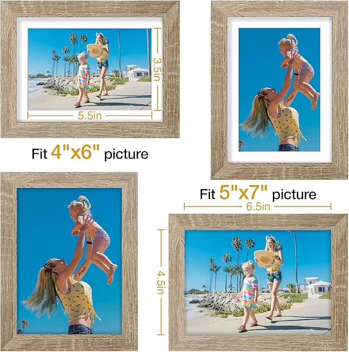 Vittanly 5x7 Picture Frames Set of 9, Display 4x6 Pictures with Mat or 5x7 without Mat, Photo Frames for Wall or Tabletop with Plexiglass, Engineered Wood, Light Wood