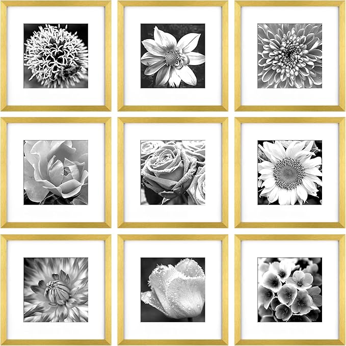 Yaetm Gold 12x12 Picture Frames Set of 9, Square Frame Displays 8x8 with Mat or 12x12 without Mat, Gallery Wall Frame Set for Wall Mounting (9 pack, Gold)
