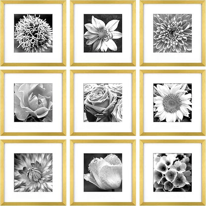 Yaetm Gold 12x12 Picture Frames Set of 9, Square Frame Displays 8x8 with Mat or 12x12 without Mat, Gallery Wall Frame Set for Wall Mounting (9 pack, Gold)
