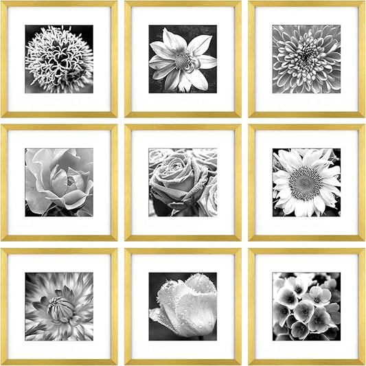 Yaetm Gold 12x12 Picture Frames Set of 9, Square Frame Displays 8x8 with Mat or 12x12 without Mat, Gallery Wall Frame Set for Wall Mounting (9 pack, Gold)