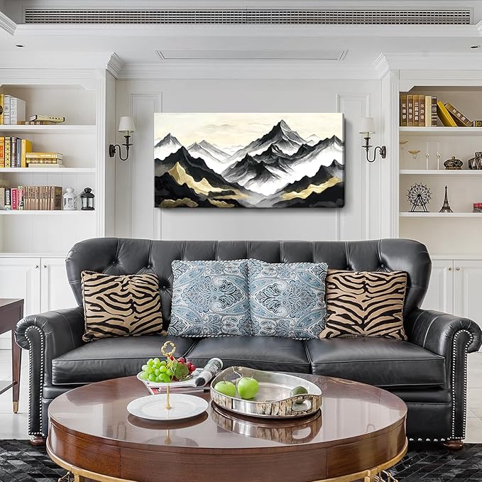 Large Black White And Gold Natural Landscape Wall Art For Living Rooms; Modern Abstract Canvas Prints Artwork For Walls; Chinese-Style Mountain Pictures For Bedrooms, Hallways, And Offices. 48X24 Inches.
