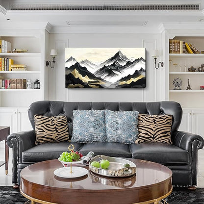 Large Black White And Gold Natural Landscape Wall Art For Living Rooms; Modern Abstract Canvas Prints Artwork For Walls; Chinese-Style Mountain Pictures For Bedrooms, Hallways, And Offices. 48X24 Inches.