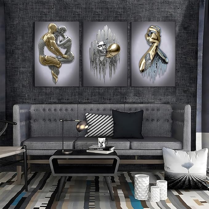Modern Bedroom Wall Art Set of 3-3D Metal Effect Couple Canvas Paintings Wall Decor, Abstract Figure Statue Art Prints for Living Room Home Decor - 16x24in Framed