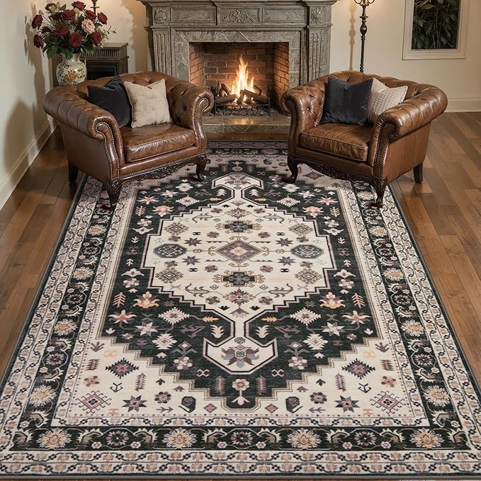 Tangsoo Washable 5x7 Area Rug for Living Room,Vintage Non Slip Large Rugs Non-Slip Print Distressed Carpet,Retro Soft Low Pile Rug for Bedroom Dining Room Dorm Office Home Decor,Black and Gold