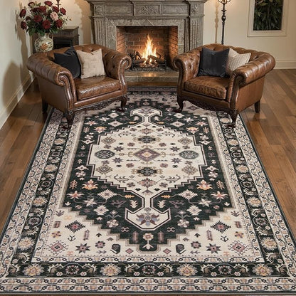 Tangsoo Washable 5x7 Area Rug for Living Room,Vintage Non Slip Large Rugs Non-Slip Print Distressed Carpet,Retro Soft Low Pile Rug for Bedroom Dining Room Dorm Office Home Decor,Black and Gold