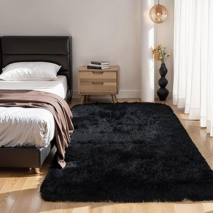 KCHOWUA Thick Area Rug Black Fluffy Shag 5x8 for Bedroom, Ultra Soft Plush Shaggy Fuzzy Carpet, Thickened Washable Non-Slip Cozy Furry Rug for Living Room, Kids, Girls Boys Baby Nursery, and Dorm