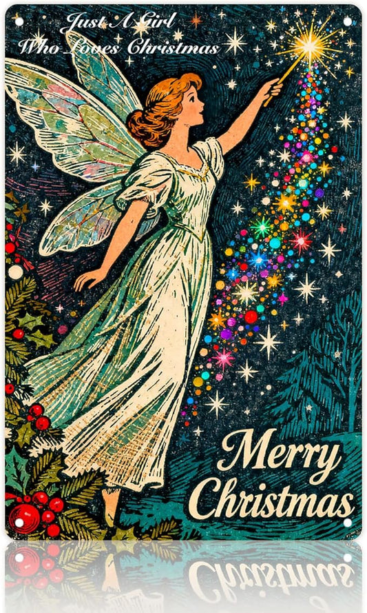 Vintage Christmas Metal Decorations Outdoor/Indoor - 12x8 Inches Retro Fairy & Rainbow Star Tree Sign Wall/Door for Home Kitchen Holiday Gathering Spaces.