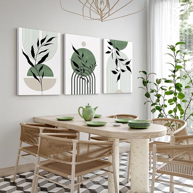 Mid Century Modern Wall Art Set of 3 Sage Green Canvas Wall Art Boho Prints Green Wall Decor Black Beige Abstract Wall Art Picture Mid Century Painting for Home Bedroom 16x24 Inch Wrapped Canvas