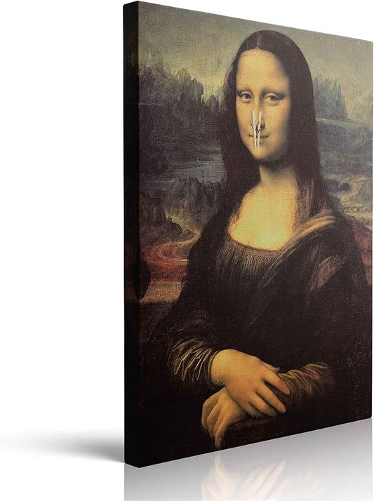 Funny Mona Lisa Canvas Wall Art Holding Her Nose with Clothespin Novelty Bathroom Wall Decor Framed Print Parody Stinky Joke Poster Artwork for Toilet Powder Room 12x16 Inches