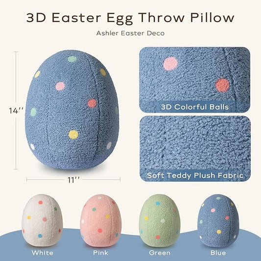 Ashler Egg Shaped Throw Pillow, Spring Home Decor, Teddy Fabric Decorative Cushion with Colorful Polka Dots Embroidery, Soft Pillow for Bedroom Living Room Couch, 14x11 in