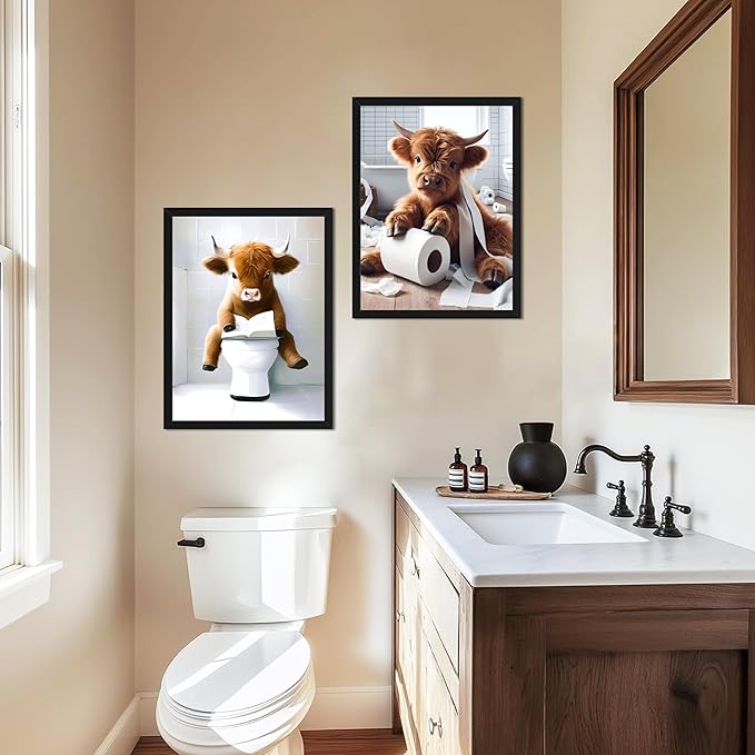 Highland Cow Bathroom Decor Set of 3, Funny Brown Cute Highland Cow Wall Art Paintings, Vintage Rustic Farmhouse Canvas Pictures Posters Prints for Bathroom, Restroom Black Wood Framed 12x16 Inch
