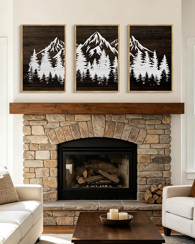 PHOPAGO Mountains Tree Framed Wall Art Large 16x24in Boho Forest Nature Landscape Artwork Paints Morden Country Woodcut Wood Wall Decor Rustic Home Decor - Natural Framed