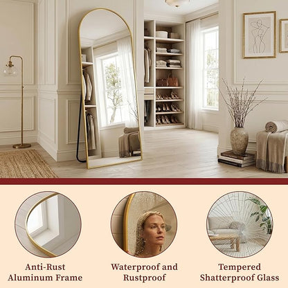 Suidia 56"x15" Arched Full Length Mirror with Stand, Full Body Mirror with Aluminum Frame, Freestanding/Leaning/Wall-Mounted, Floor Mirrors for Bedroom, Living Room, Entryway, Dressing Room, Gold