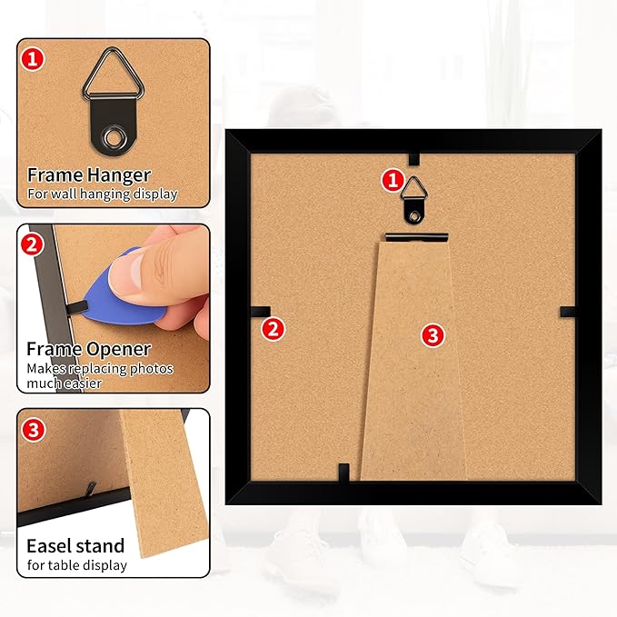 6x6 Picture Frame, Black Photo Frame for Tabletop or Wall Display, Display Pictures 4x4 with Mat or 6x6 Without, Frame Collage with HD Plexiglass for Wall Gallery Decor, 2 Pack with Gadget