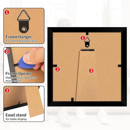 6x6 Picture Frame, Black Photo Frame for Tabletop or Wall Display, Display Pictures 4x4 with Mat or 6x6 Without, Frame Collage with HD Plexiglass for Wall Gallery Decor, 2 Pack with Gadget