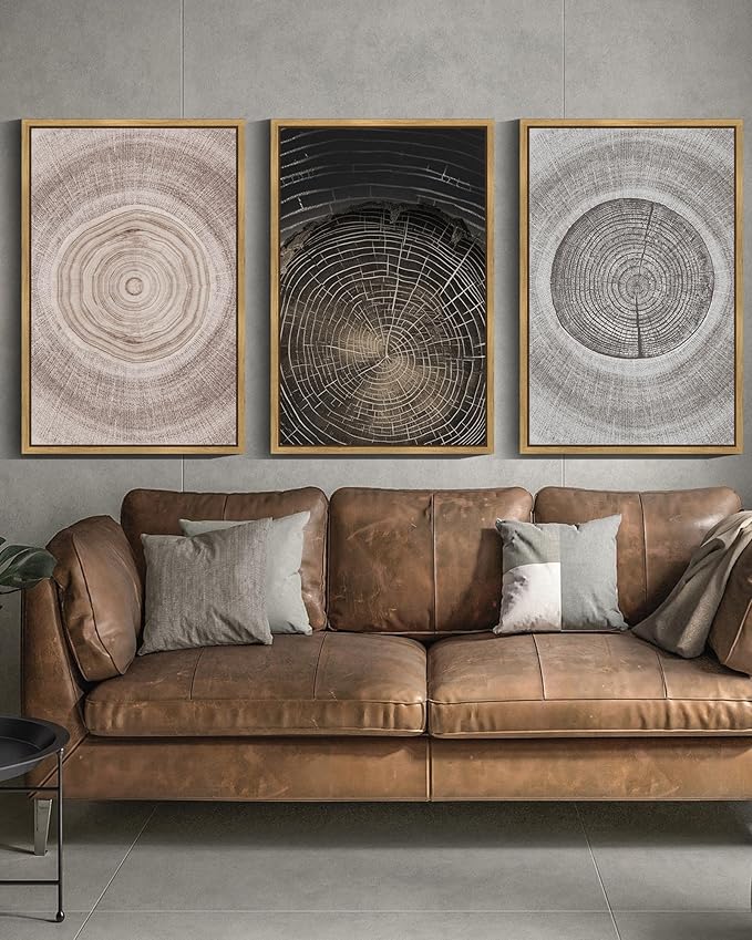 PHOPAGO Vintage Wood Tree Rings Wall Art 24x36in Farmhouse Rustic Framed Canvas Paintings Living Room Bedroom Decor Nature Artwork Natural Framed