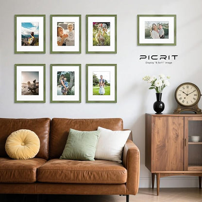 Picrit 8.5x11 Picture Frame Set of 12, Display 6x8 with Mat or 8.5 x 11 without Mat, Photo Frames for Wall Mounting or Table Top Display, Green Wood Grain