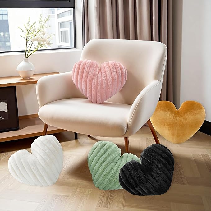 16 Inch Heart Pillow Cute Soft Decorative Throw Pillows, Heart Shaped Fluffy Faux Fur Pillows Cushions for Couch Sofa Bed Bedroom Room Home Decor Aesthetic (2, Black, Medium-16 x13)