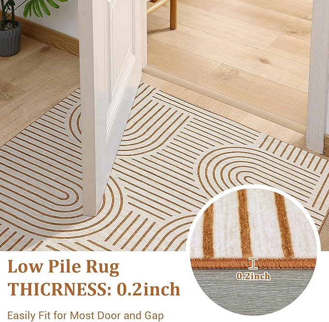 ROYHOME Washable Rug 4ft Area Rugs for Living Room, Abstract Rug for Bedroom, Soft Rainbow Non Slip Throw Rugs with Rubber Back, Low Pile Stain Resistant Boho Geometric Carpet for Dining Room,Orange