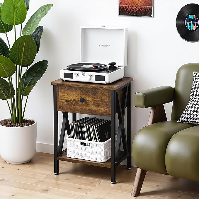 VECELO Nightstand,Modern Bedside End Tables, Night Stand with Drawer and Storage Shelf for Living Room Bedroom, Industrial Metal Frame