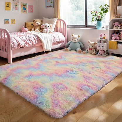 KICHOWUA Area Rug 5x7 Rainbow Fluffy Shag for Girls Bedroom,Ultra Soft Unicorn Plush Fuzzy Washable Thickened Non-Slip Carpet, Pastel Furry Shaggy Rug for Living Room Kids Boys Nursery Dorm