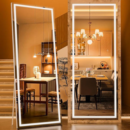 71" x 28" Full Length Mirror with Lights, LED Lighted Floor Standing Body Mirror, Dimmable & 3 Color Lighting for Bedroom, Cloakroom, Dressing Room, Tempered Glass, White Frame