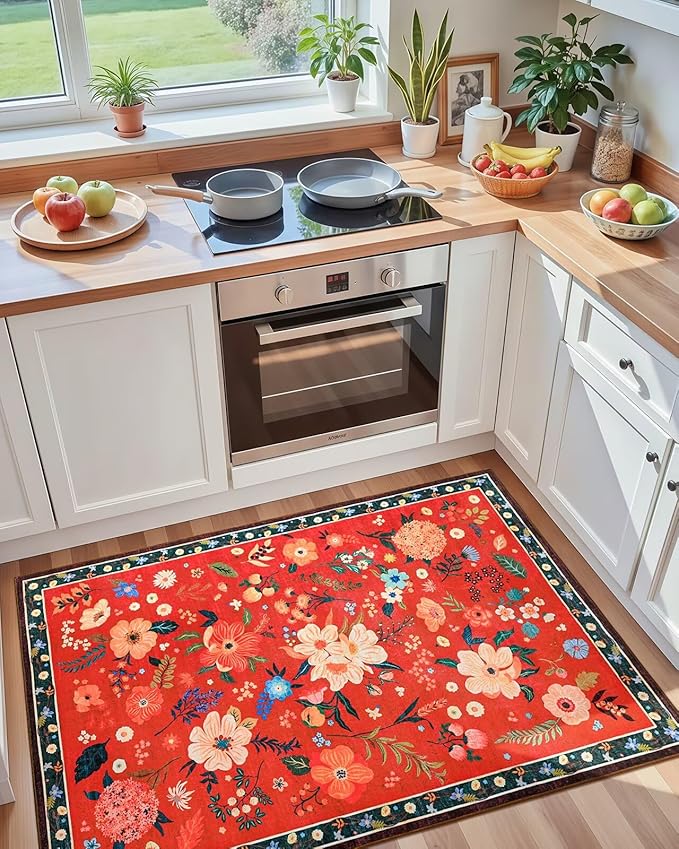 Macgace 3x5 Floral Rug for Girls Bedroom, Machine Washable Area Rugs with Non Slip Backingfor Living Room, Cute Flowers Carpet Kitchen Dining Room Kids Playroom Decor, Christmas Red