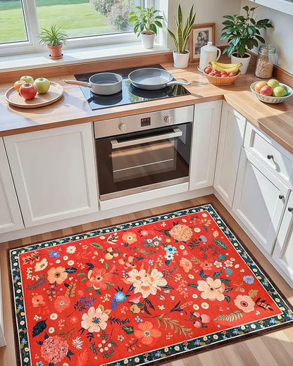 Macgace 3x5 Floral Rug for Girls Bedroom, Machine Washable Area Rugs with Non Slip Backingfor Living Room, Cute Flowers Carpet Kitchen Dining Room Kids Playroom Decor, Christmas Red