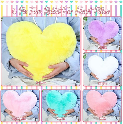Liliful 6 Pcs Faux Rabbit Fur Heart Pillows Fluffy Heart Throw Pillows Cute Couch Cushion Soft Decorative Throw Cushion for Bed Sofa Girls Women(17 x 14 Inch,Candy Color)
