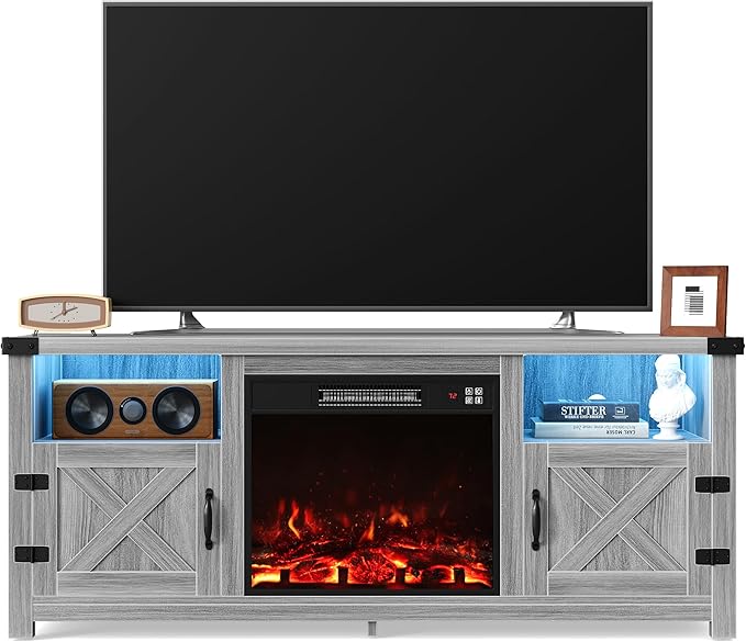 Furmax LED Entertainment Center with Fireplace, Fireplace TV Stand with Storage Cabinets and 2 Open Shelves, Modern Media TV Console for Living Room (Light Grey)