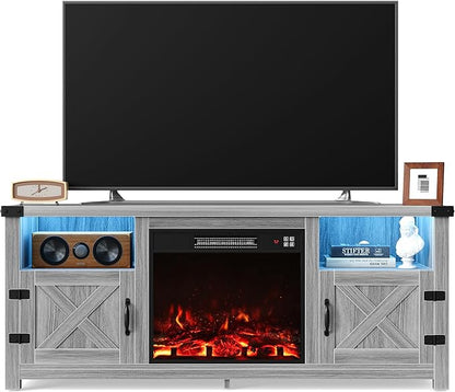 Furmax LED Entertainment Center with Fireplace, Fireplace TV Stand with Storage Cabinets and 2 Open Shelves, Modern Media TV Console for Living Room (Light Grey)