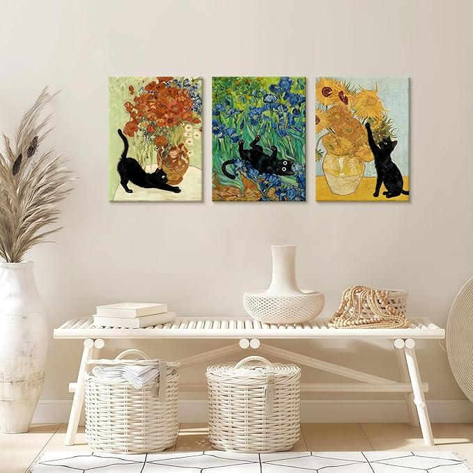 WENGTIAO 3Pcs Black Cat Wall Art Prints Vintage Van Gogh Sunflower Cat Canvas Paintings Irises Floral Pictures Flower Aesthetic Artwork for Living Room Bedroom 12”x16”x3